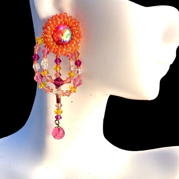 Hand beaded vintage orange pink red glass crystal unique dangle earrings pierced - Picture 1 of 9